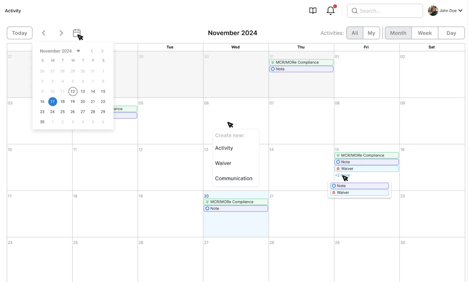 Monthly calendar of compliance activities