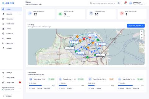 Dispatch demo: Dispatching: drag open stops onto field teams on a live city map.
