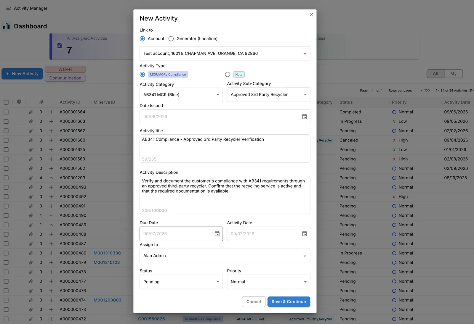 New activity form linked to an account with category, due date and assignee