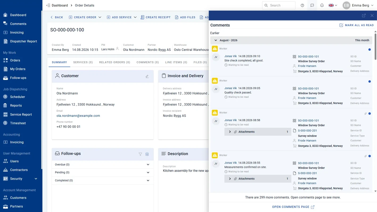 Order details with customer, invoice, follow-ups and the comment thread