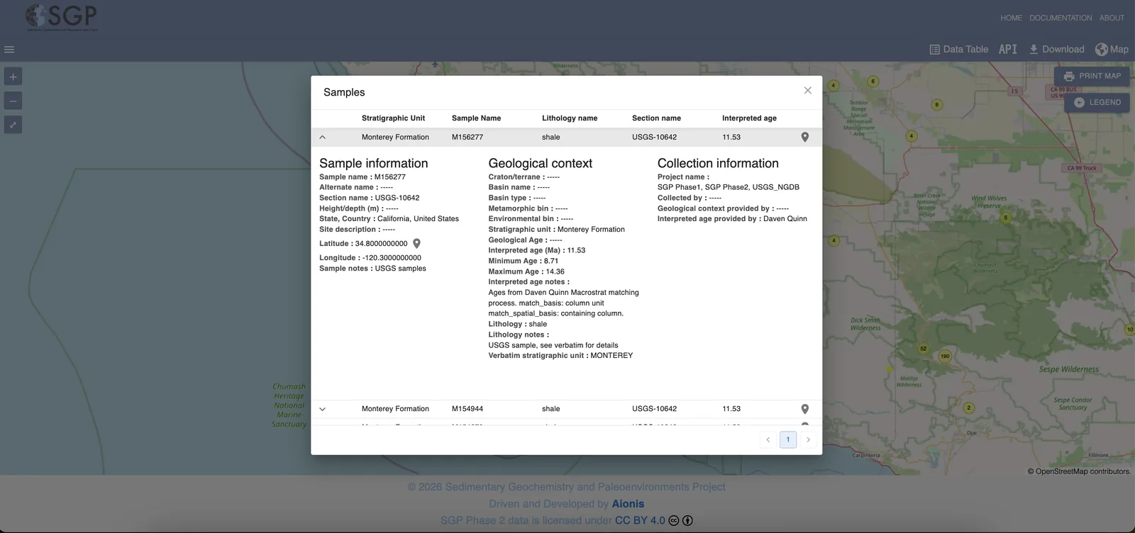 Sample details dialog opened from the interactive map