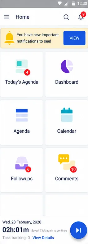 Contractor mobile dashboard with agenda, calendar, follow-ups and time tracking