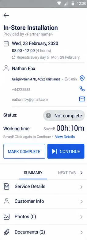 Contractor mobile job details with status, working time and documents
