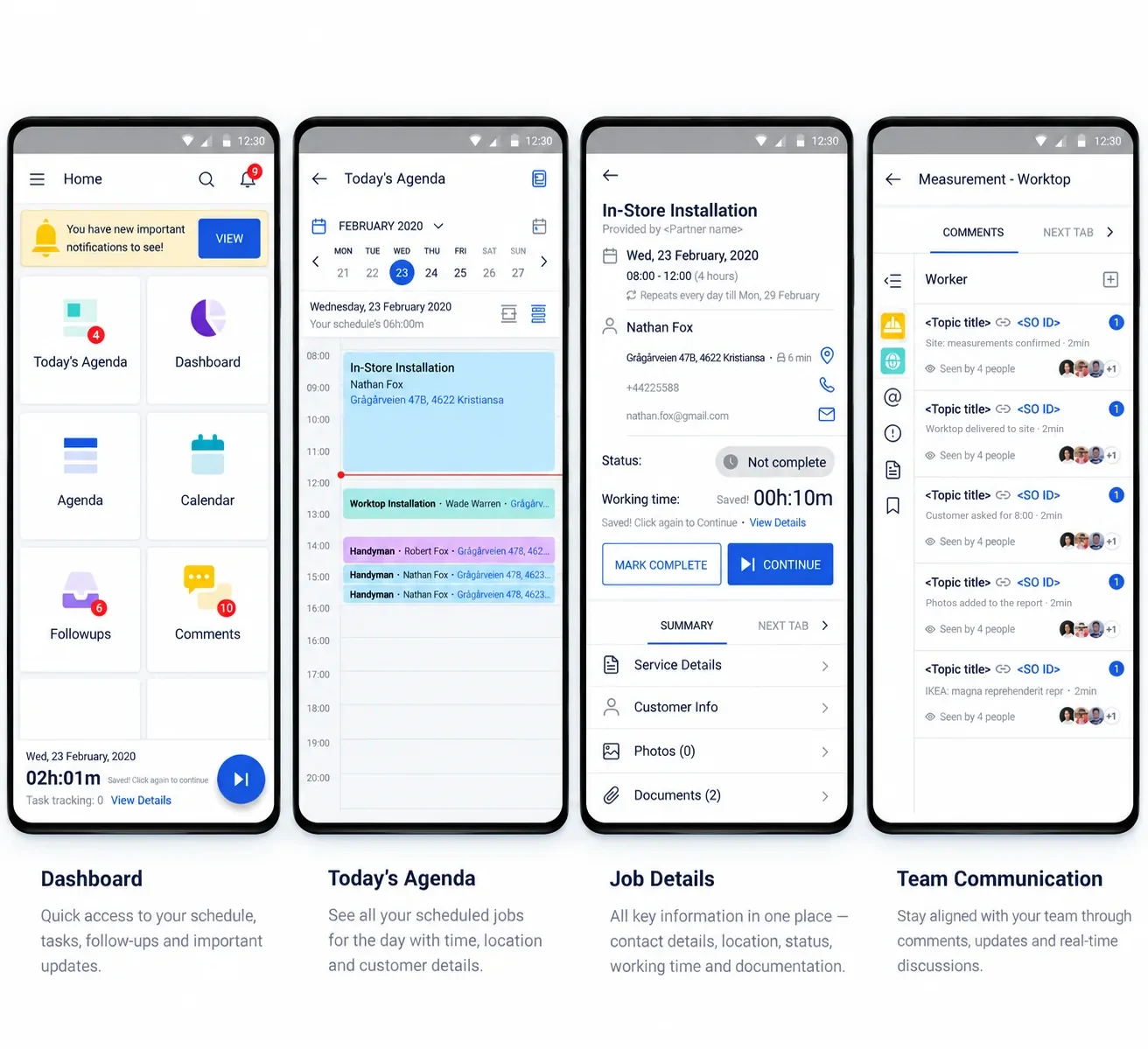 Contractor mobile web app: dashboard, agenda, job details and team communication