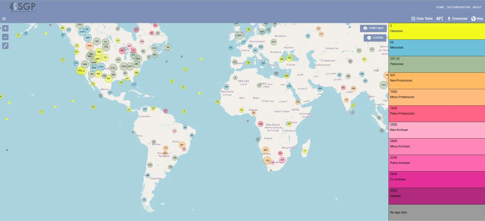 World map of sample locations as numbered clusters, coloured by geological age, with a legend from Cenozoic to Hadean